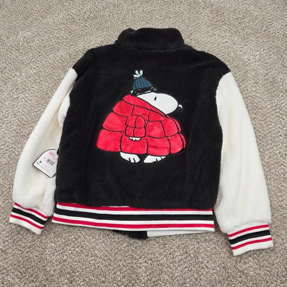NEW Justice x Snoopy Girls Sherpa Jacket Black Full Zip Faux Fur (L 12/14)